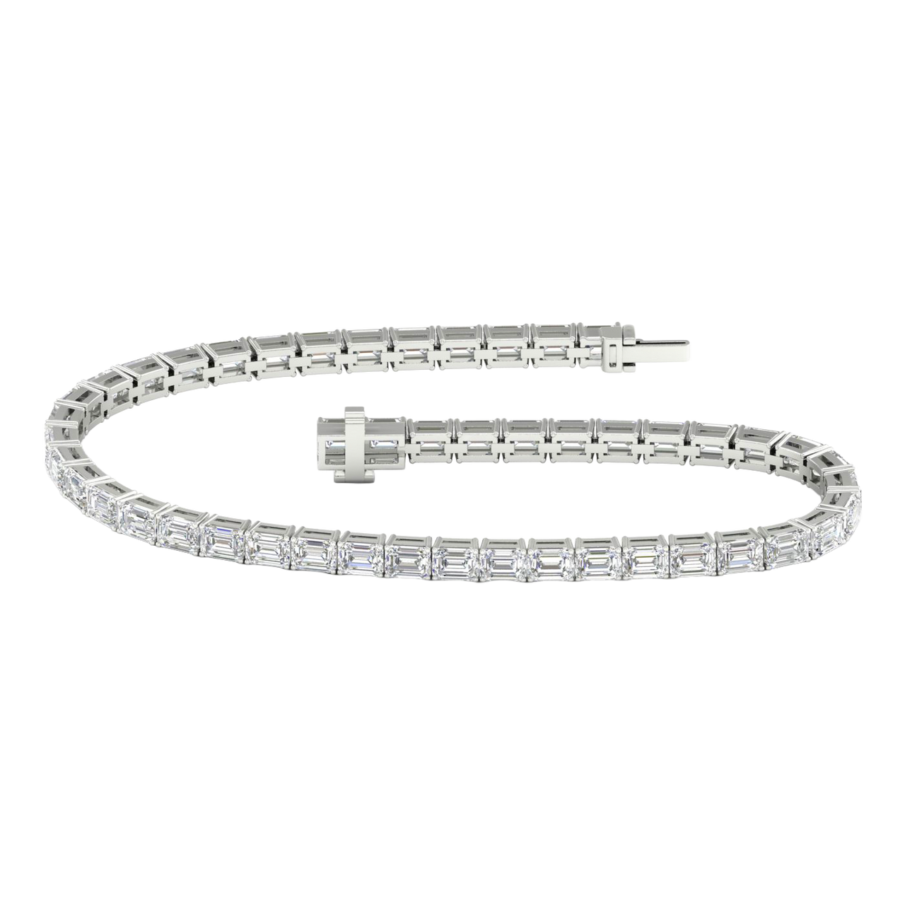 Wide view of a white gold diamond tennis bracelet featuring emerald cut white diamonds set in a continuous line, showcasing the full bracelet design.