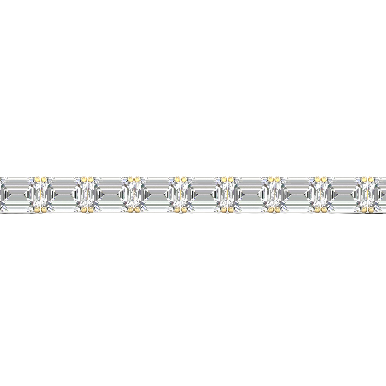 Close-up view of emerald cut white diamonds set in a yellow gold tennis bracelet, highlighting the stone settings and warm gold tone.