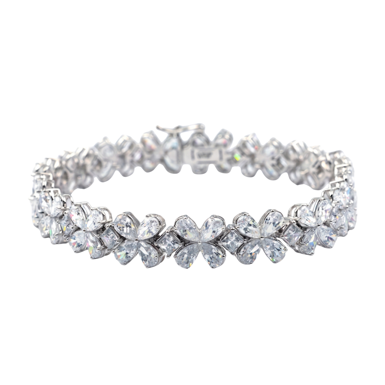 Front view of a diamond floral tennis bracelet in white gold, featuring marquise and round diamonds arranged in repeating flower-inspired clusters with a flexible, high-polish setting.