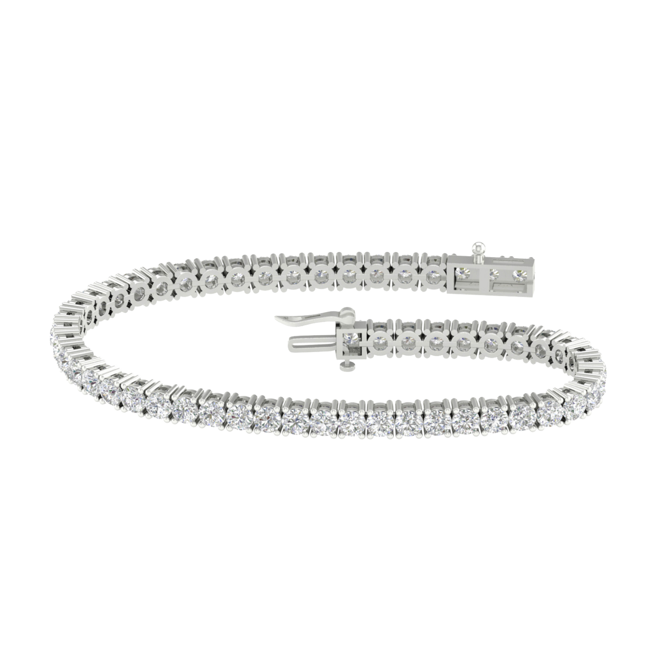 A full top-down view of a 14K white gold tennis bracelet, coiled to show the seamless, continuous line of round diamonds.