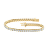 A full top-down view of a 14K yellow gold tennis bracelet, coiled to show the seamless, continuous line of round diamonds.