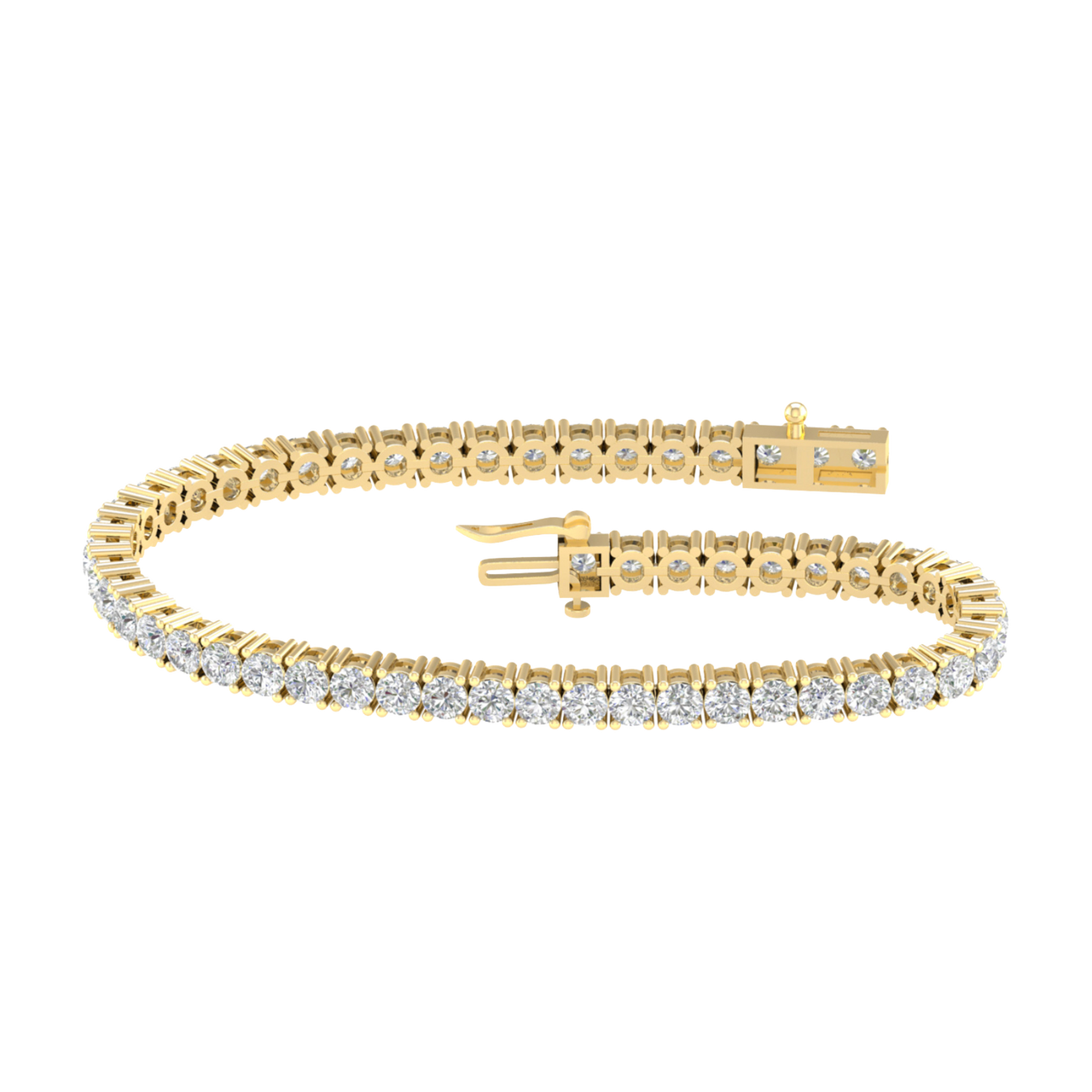 A full top-down view of a 14K yellow gold tennis bracelet, coiled to show the seamless, continuous line of round diamonds.