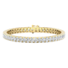 A close-up, top-down view of a lavish 14K yellow gold tennis bracelet featuring two continuous rows of brilliant-cut diamonds set in a four-prong or shared-prong style.