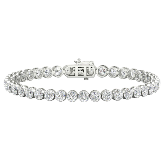 A full top-down view of a 14K white gold tennis bracelet, coiled to show the seamless circle of brilliant diamonds.