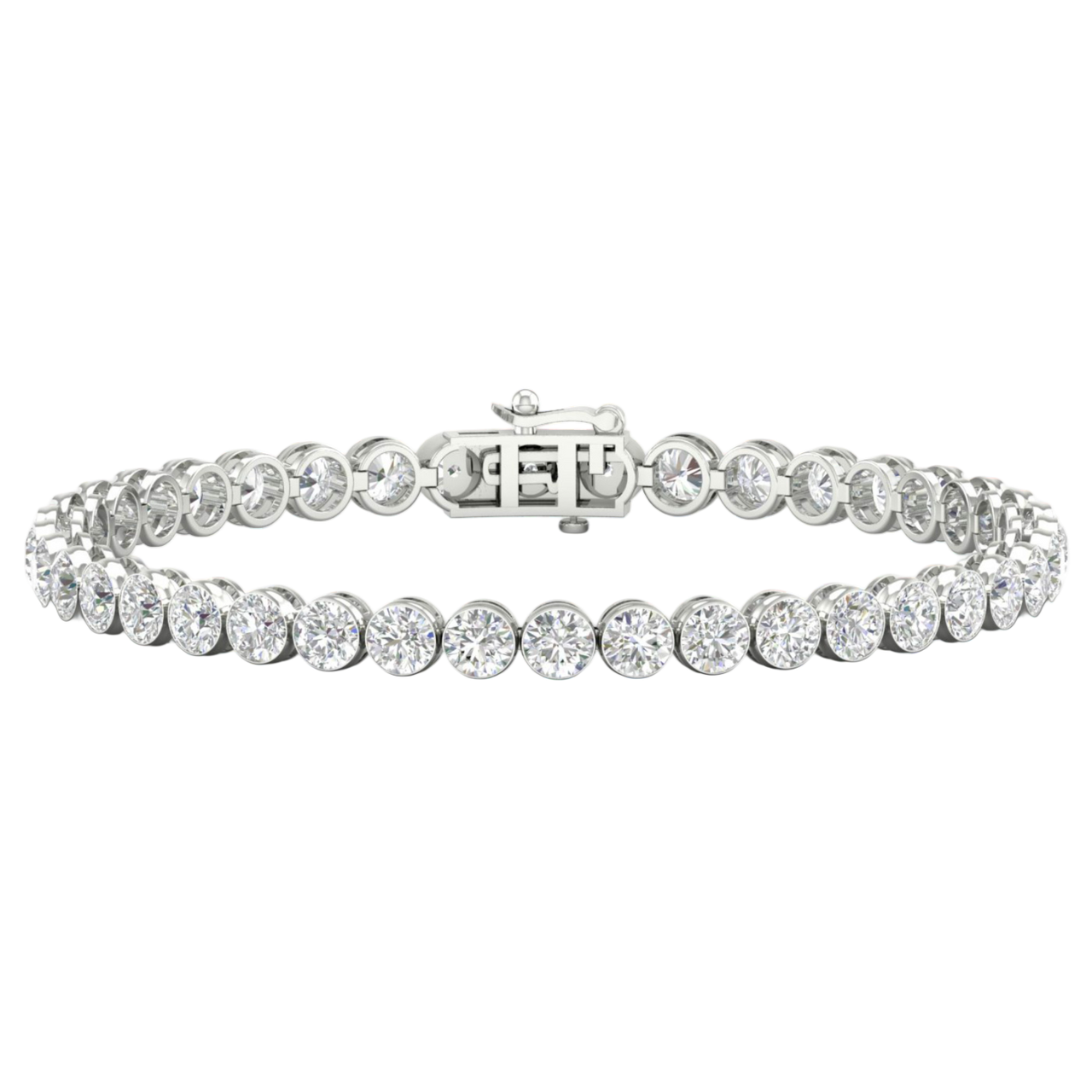 A full top-down view of a 14K white gold tennis bracelet, coiled to show the seamless circle of brilliant diamonds.