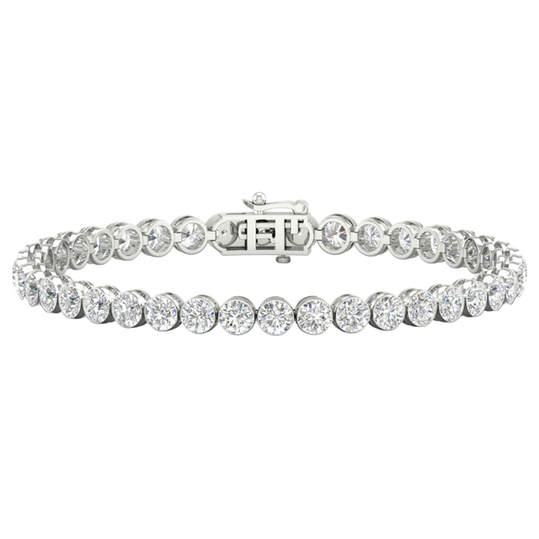A full top-down view of a 14K white gold tennis bracelet, coiled to show the seamless circle of brilliant diamonds.
