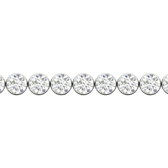 A close-up side view of a 14K white gold tennis bracelet, showing a continuous line of round diamonds set in smooth, round bezels.