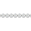 A close-up side view of a 14K white gold tennis bracelet, showing a continuous line of round diamonds set in smooth, round bezels.