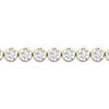 A close-up side view of a 14K yellow gold tennis bracelet, showing a continuous line of round diamonds set in smooth, round bezels.