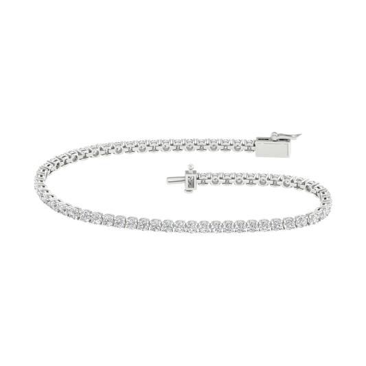 A full top view of the 14K white gold tennis bracelet, coiled to show the continuous, brilliant line of diamonds.