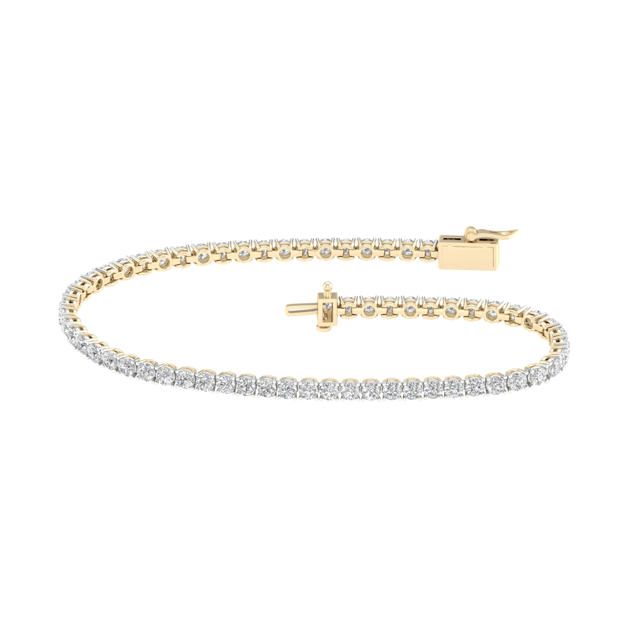 A full top view of the 14K yellow gold tennis bracelet, coiled to show the continuous, brilliant line of diamonds.