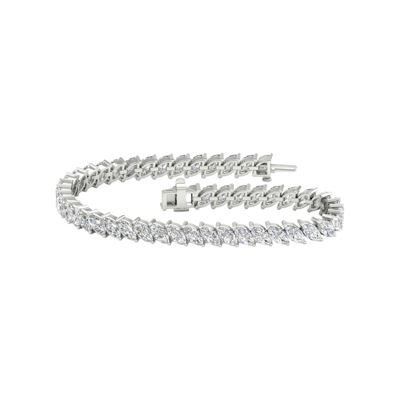 A full top-down view of a 14K white gold bracelet, coiled to show the continuous V-shaped pattern of marquise diamonds.