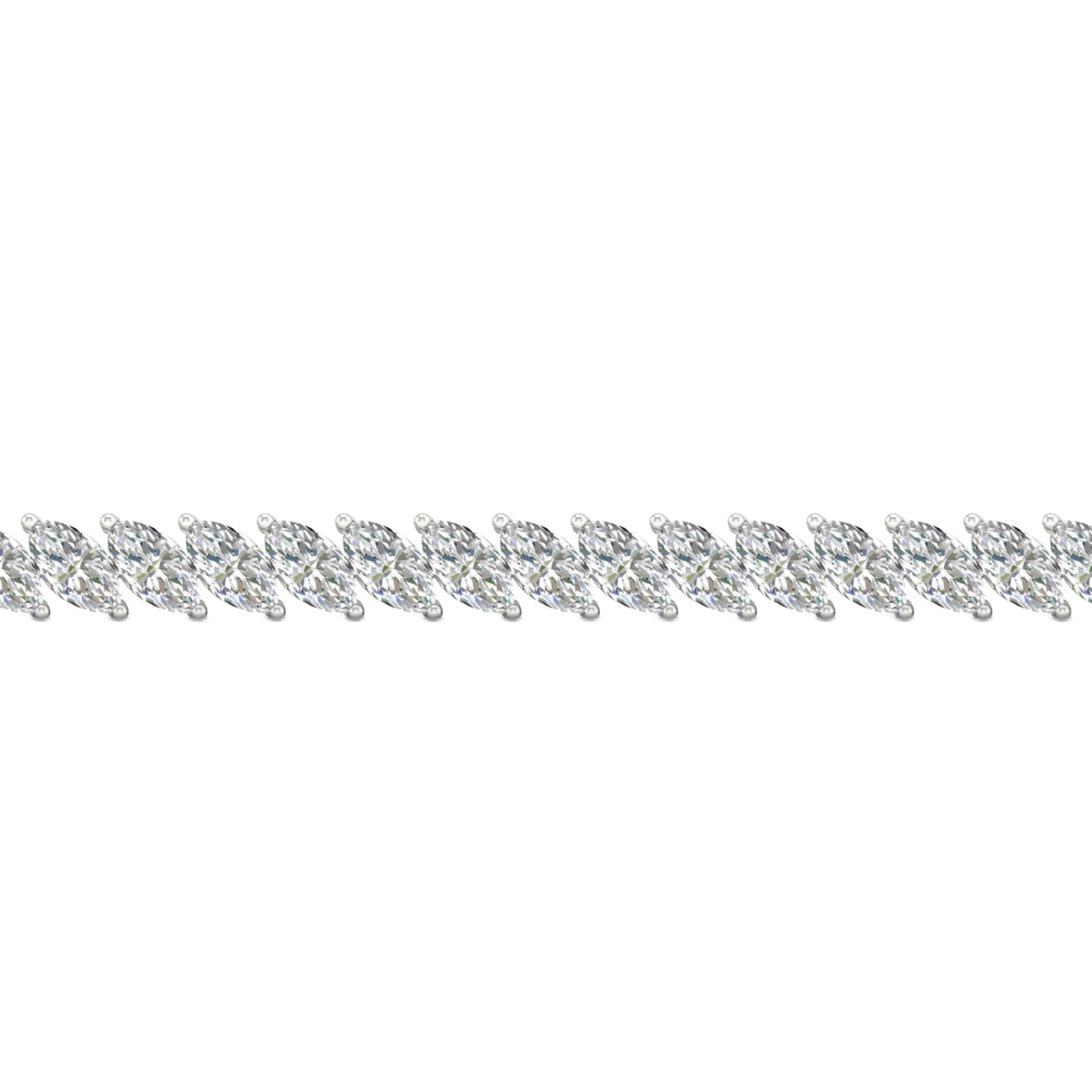 A close-up side view of a 14K white gold bracelet, showing a continuous V-shaped pattern made from marquise diamonds.