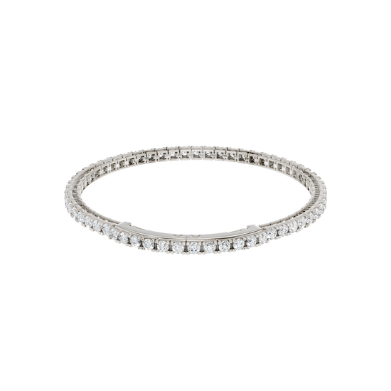 Angled view of the 14K white gold Round Diamond Tennis Bracelet, coiled to showcase the continuous line of lab grown diamonds.