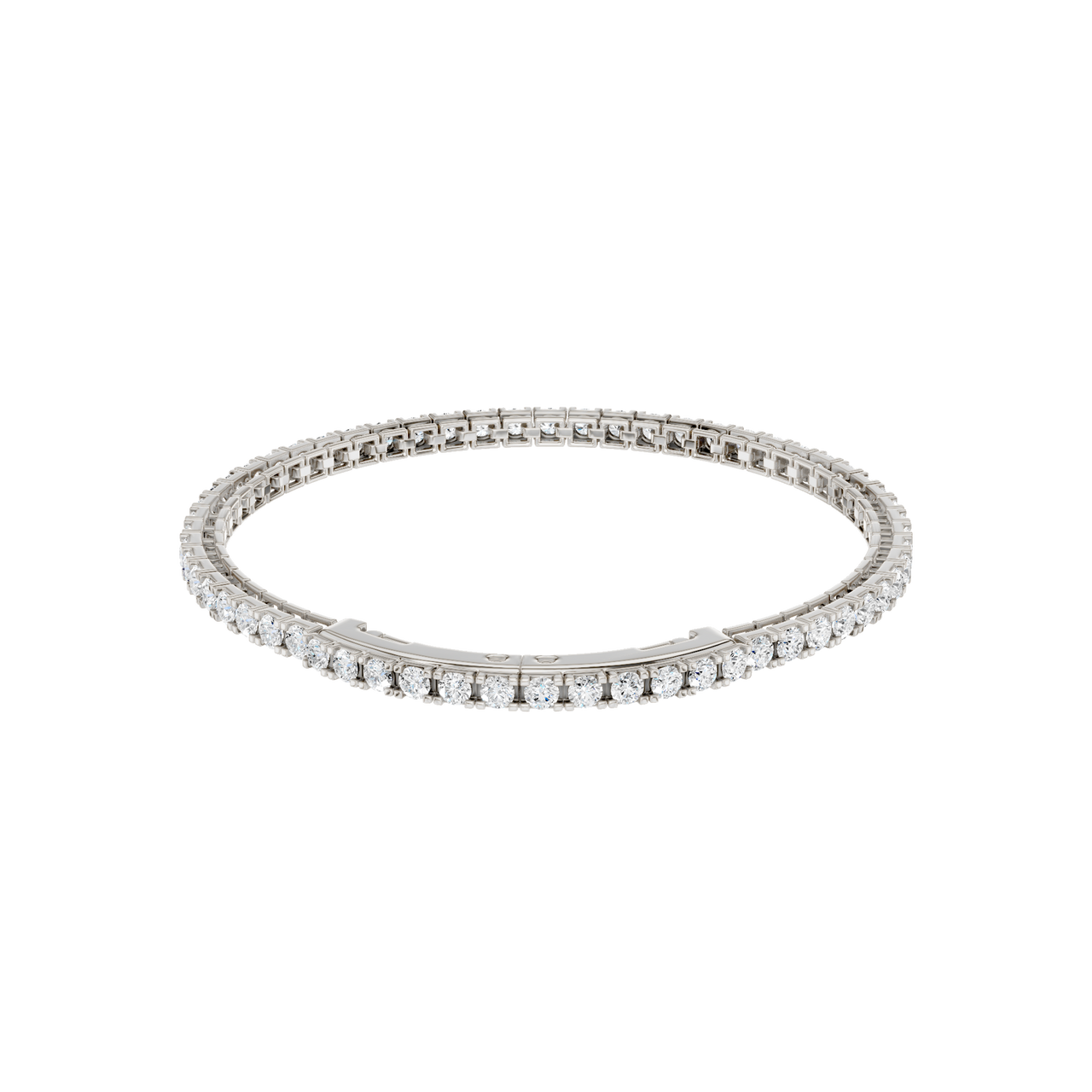 Angled view of the 14K white gold Round Diamond Tennis Bracelet, coiled to showcase the continuous line of lab grown diamonds.