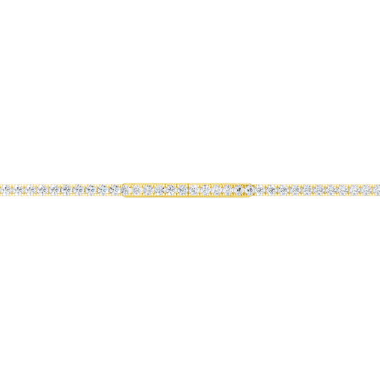A close-up side view of the 14K yellow gold lab grown diamond tennis bracelet, detailing the low-profile setting.