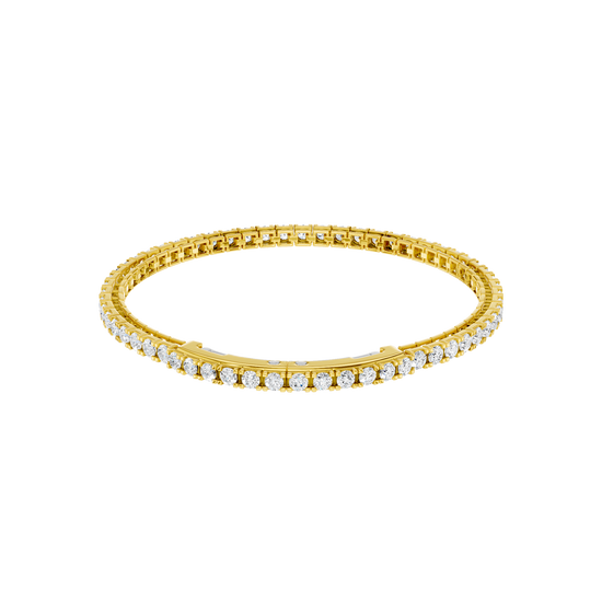 Angled view of the 14K yellow  gold Round Diamond Tennis Bracelet, coiled to showcase the continuous line of lab grown diamonds.