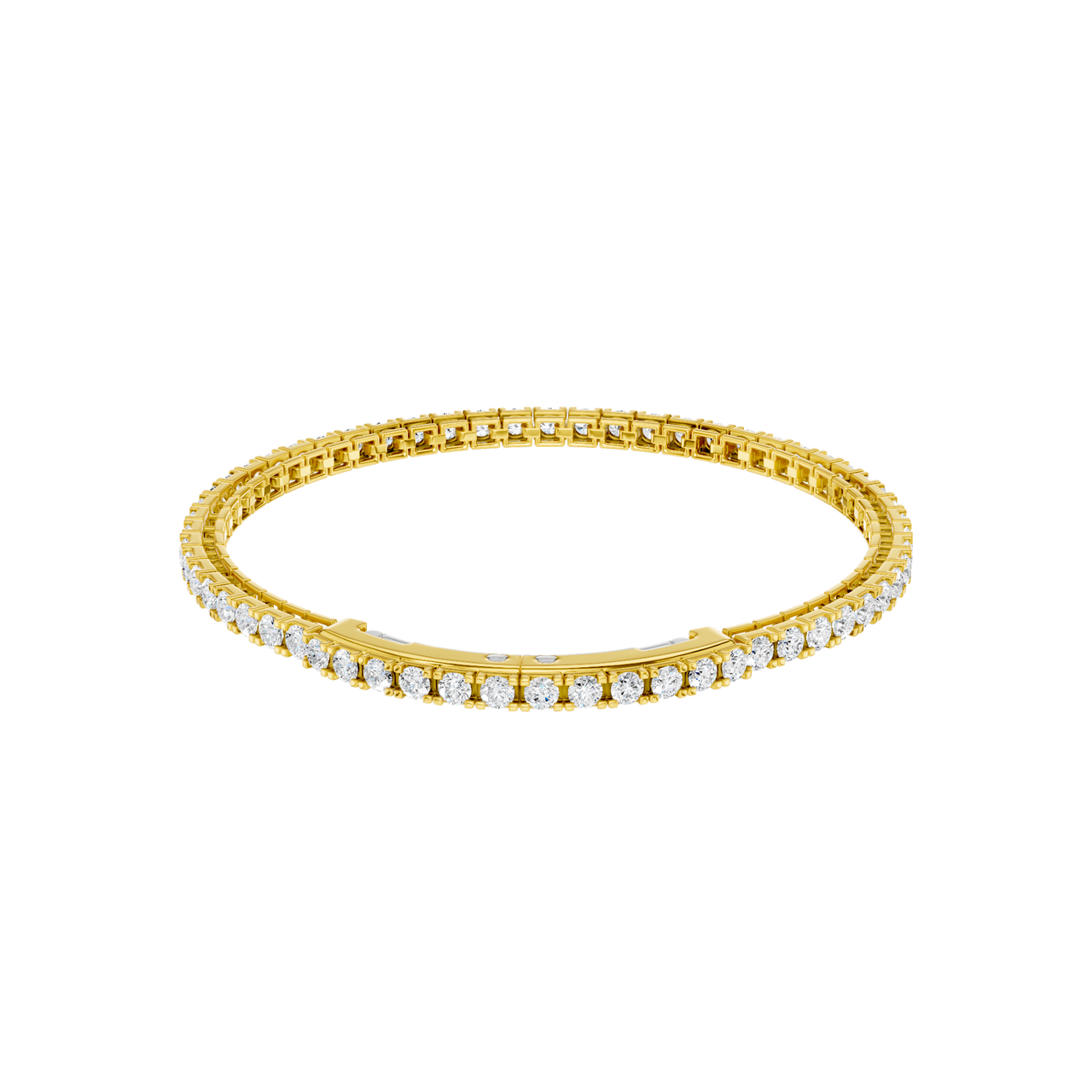 Angled view of the 14K yellow  gold Round Diamond Tennis Bracelet, coiled to showcase the continuous line of lab grown diamonds.