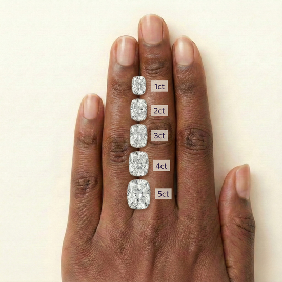 Elongated cushion diamond carat comparison 1, 2, 3, 4, 5 on a hand.