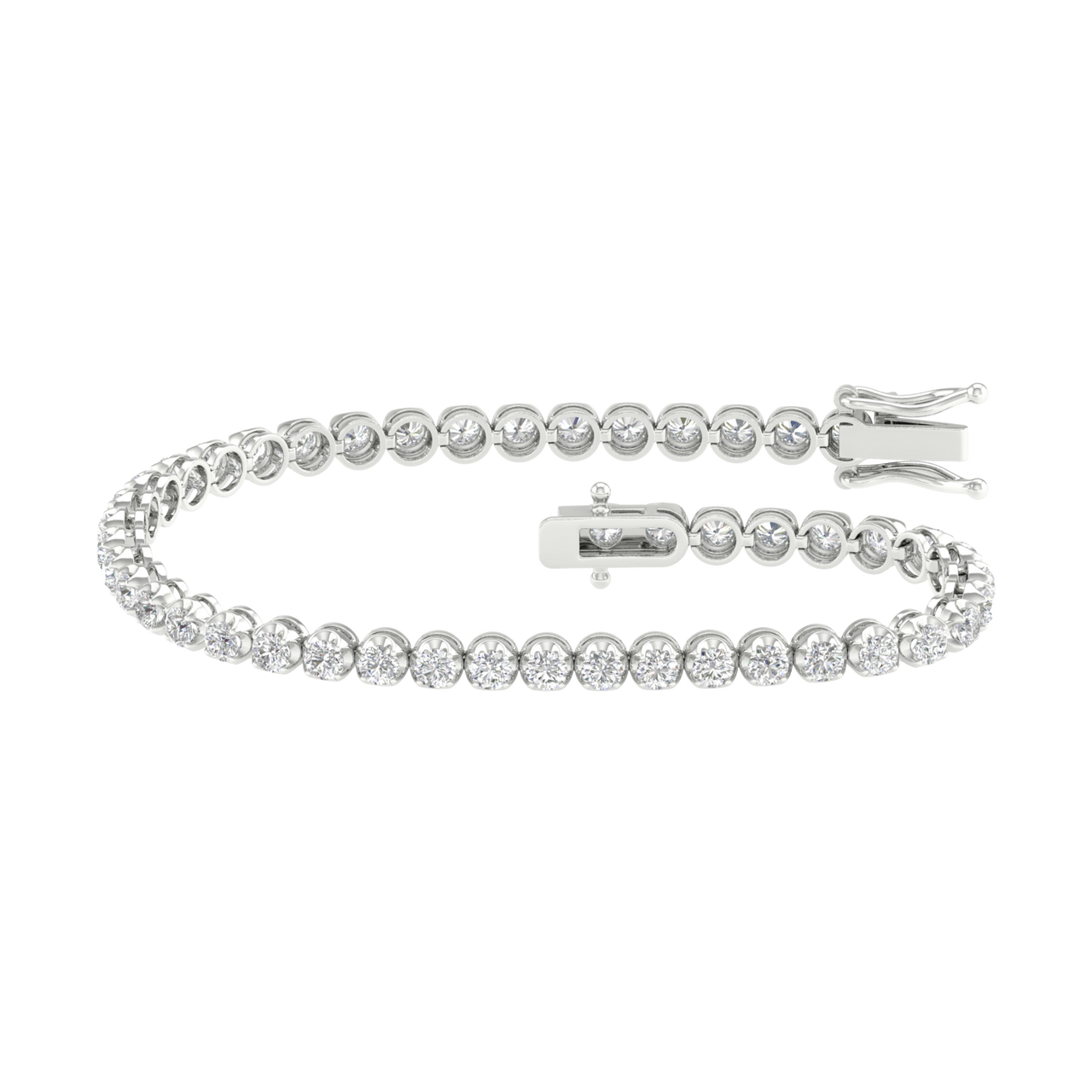 An angled view of the 14K white gold F VS diamond tennis bracelet, showing the gold cup setting and secure clasp.