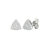 An angled view of a pair of 14K white gold stud earrings, showcasing the pavé diamonds and the clean triangular shape.