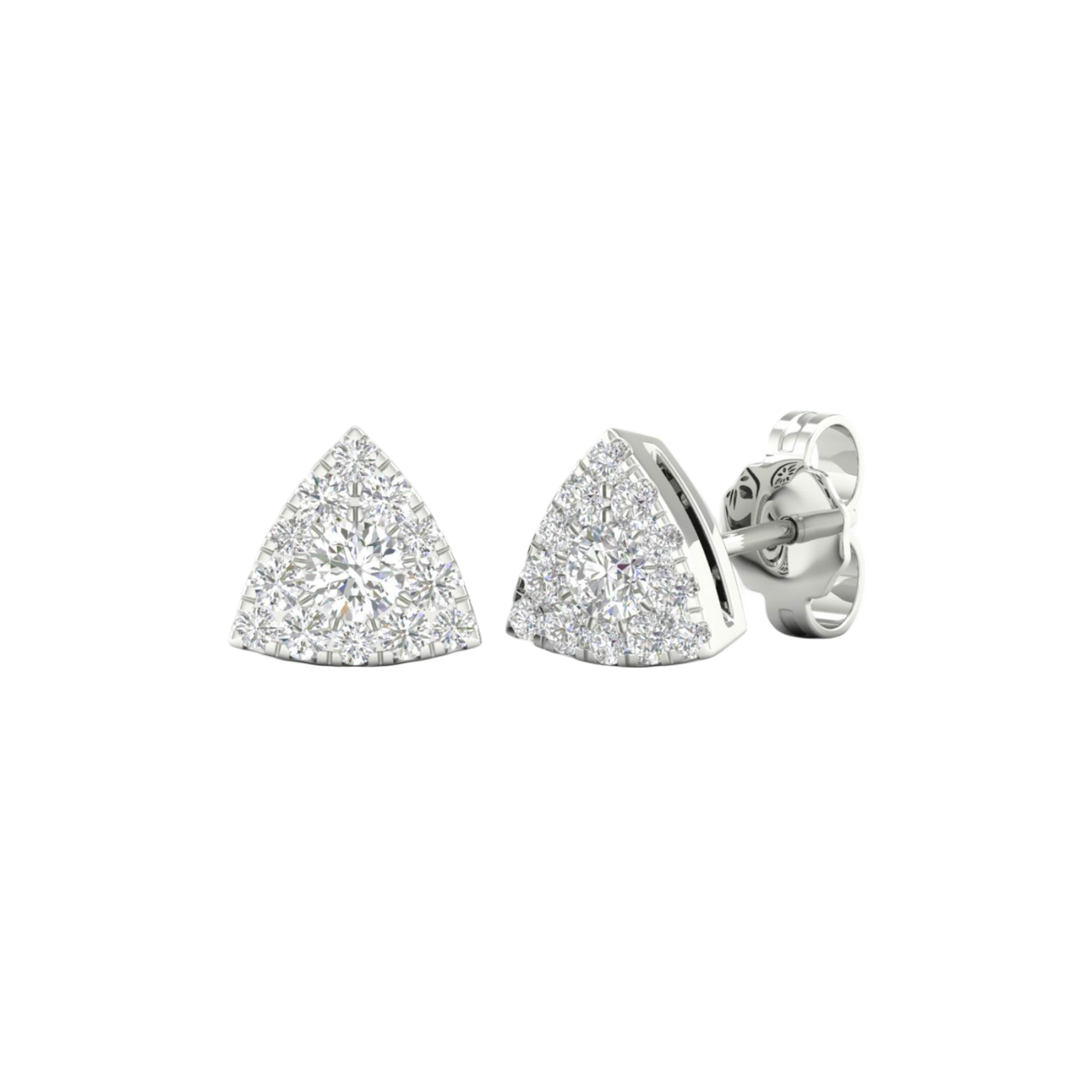 An angled view of a pair of 14K white gold stud earrings, showcasing the pavé diamonds and the clean triangular shape.