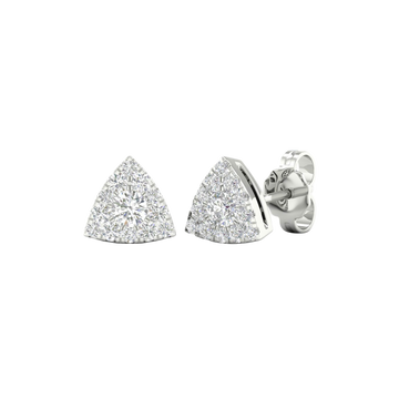 An angled view of a pair of 14K white gold stud earrings, showcasing the pavé diamonds and the clean triangular shape.