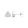 A front and side view of a 14K white gold triangular stud earring accented with pavé diamonds.