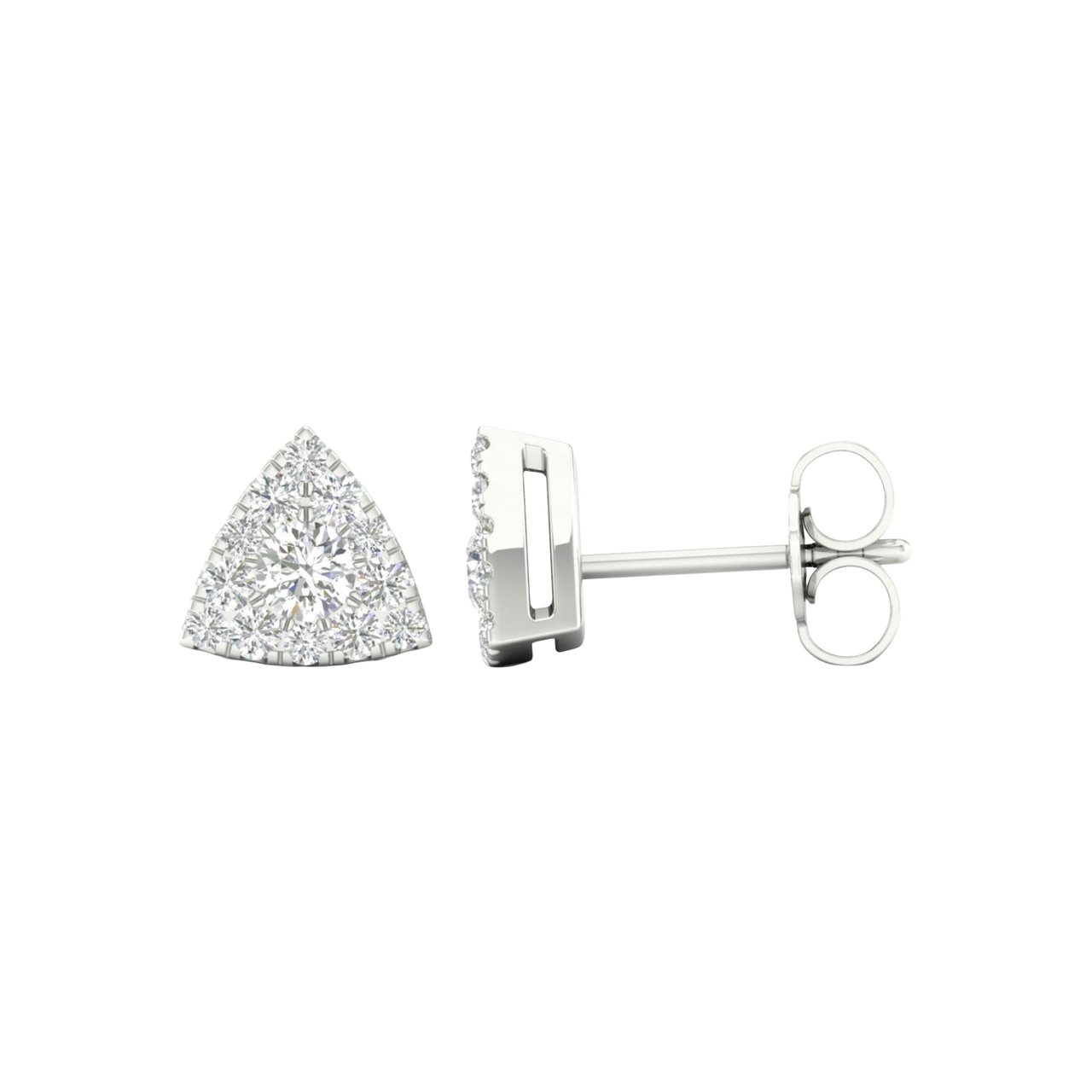 A front and side view of a 14K white gold triangular stud earring accented with pavé diamonds.