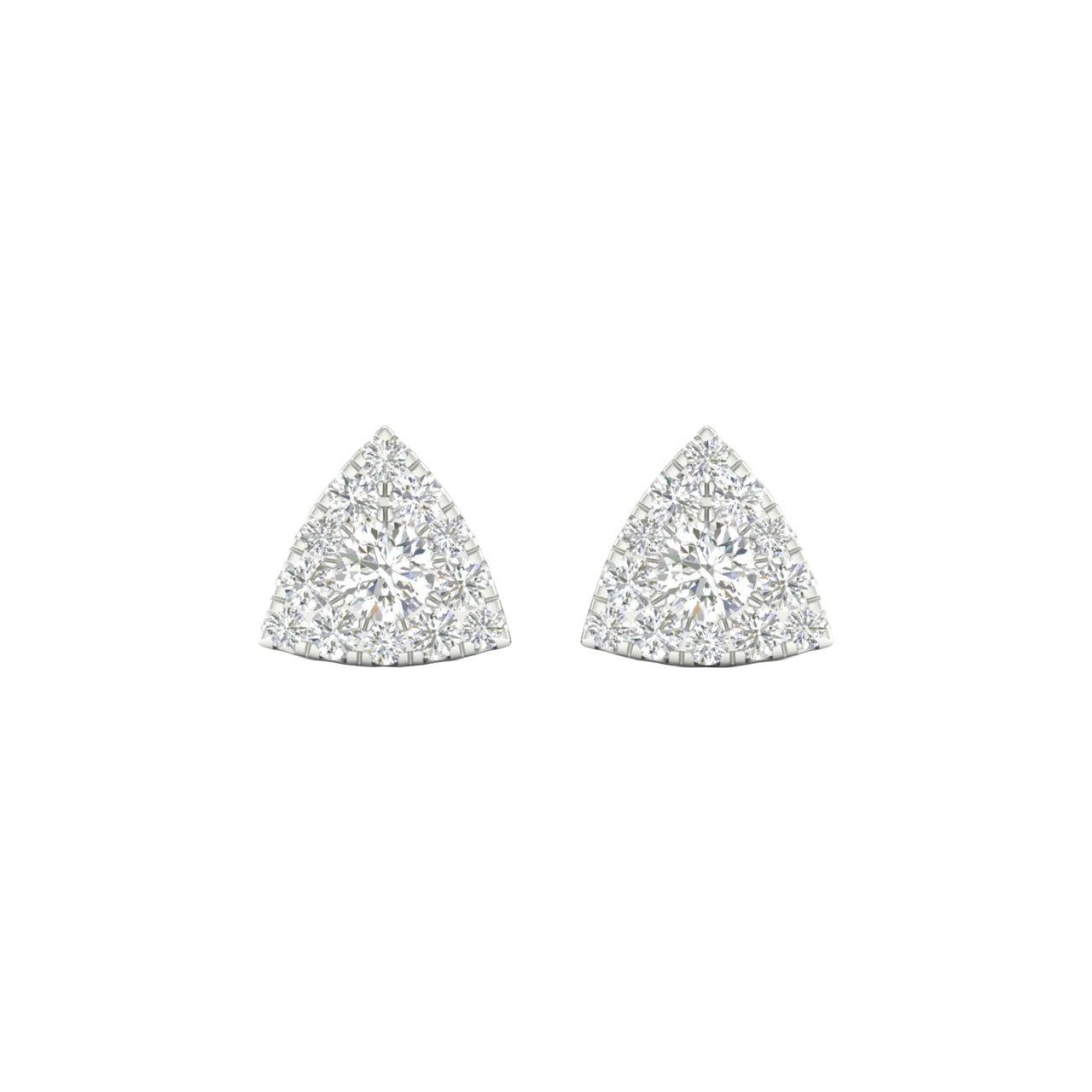 A pair of 14K white gold stud earrings with a triangular shape and a surface of pavé diamonds, shown from the front.