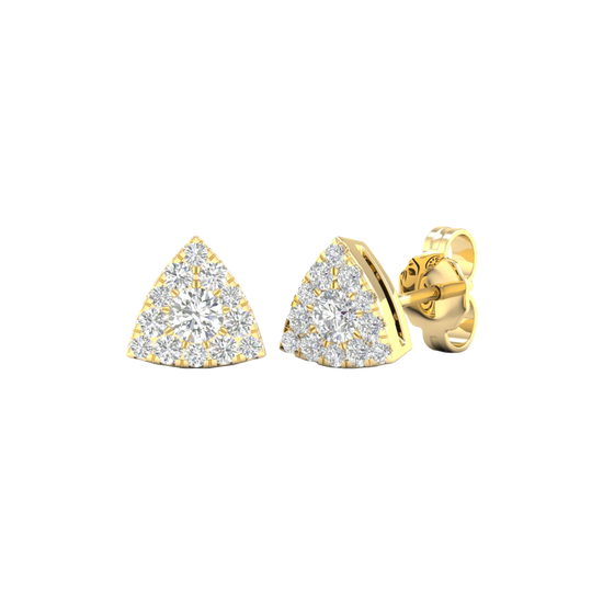 An angled view of a pair of 14K yellow gold stud earrings, showcasing the pavé diamonds and the clean triangular shape.