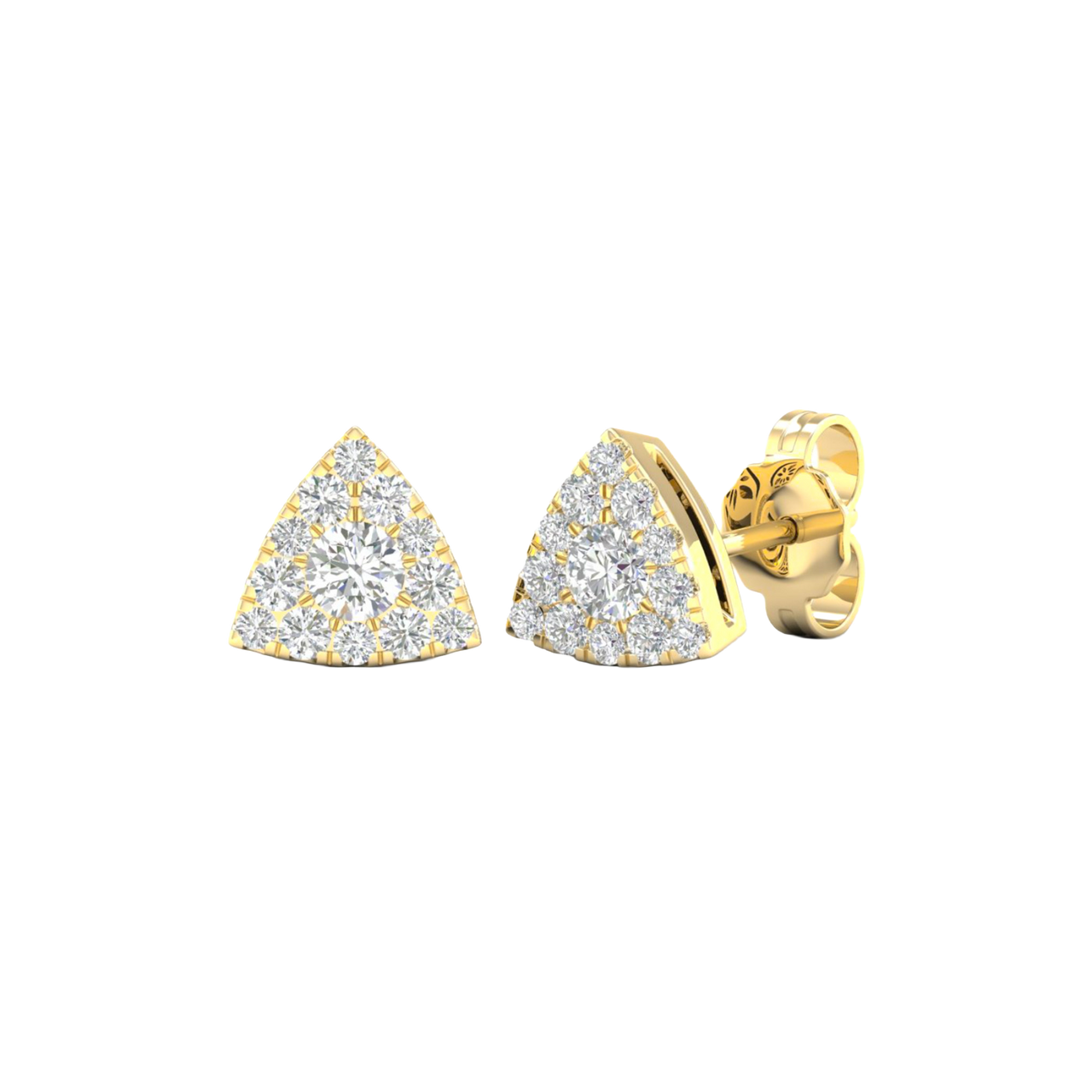 An angled view of a pair of 14K yellow gold stud earrings, showcasing the pavé diamonds and the clean triangular shape.