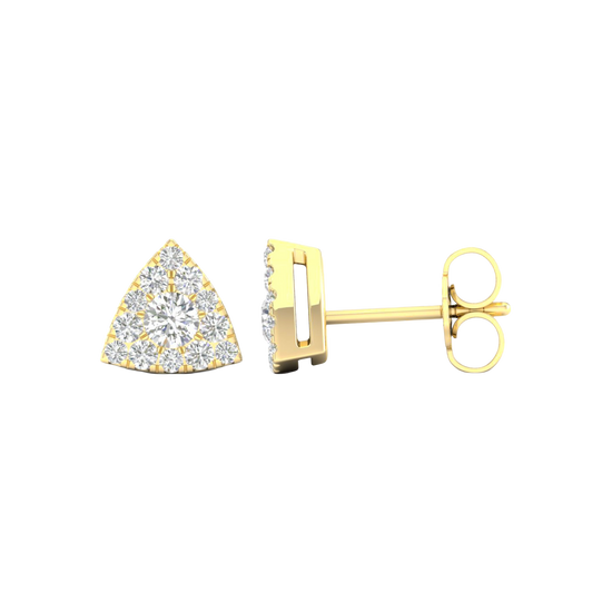 A front and side view of a 14K yellow gold triangular stud earring accented with pavé diamonds.