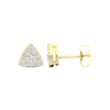 A front and side view of a 14K yellow gold triangular stud earring accented with pavé diamonds.