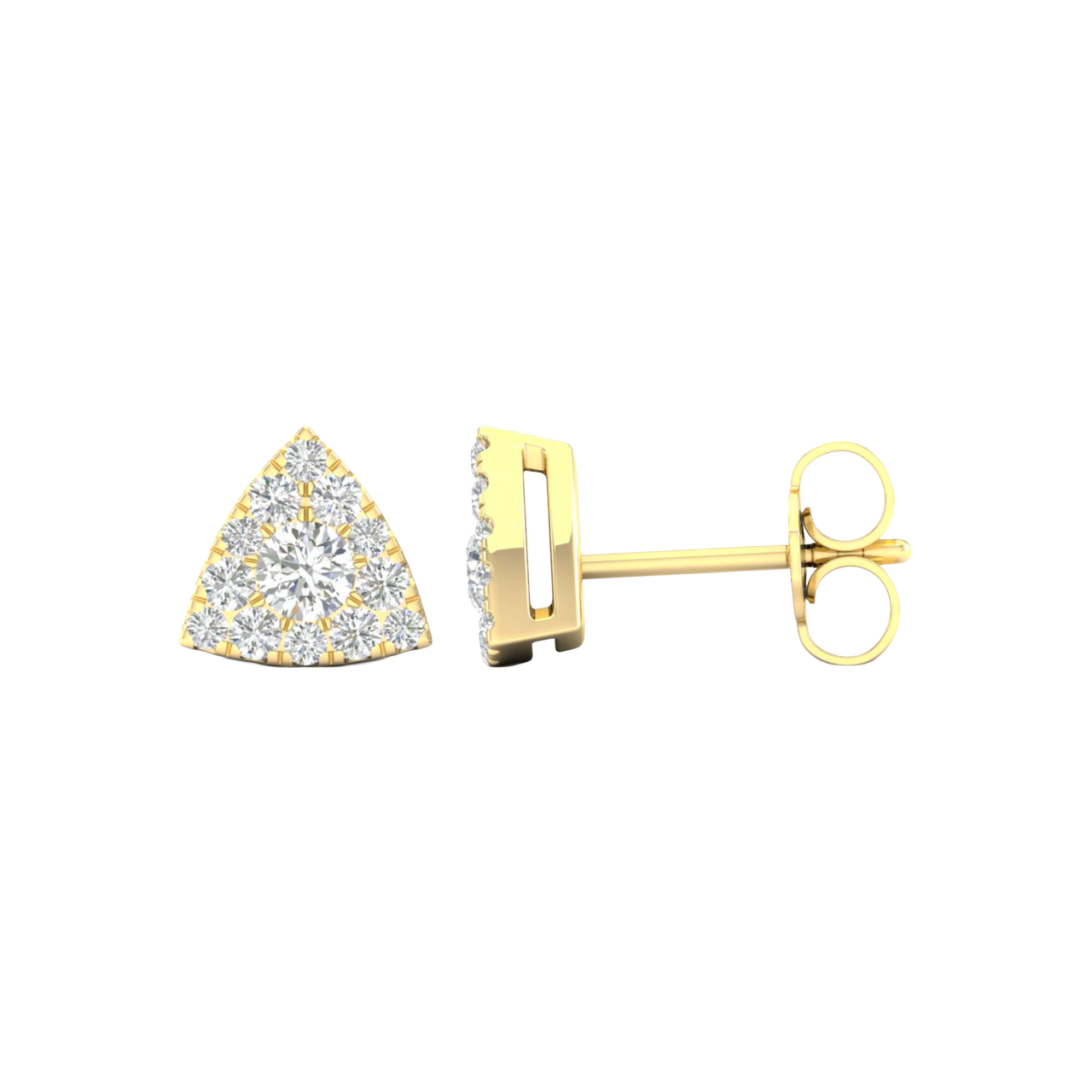 A front and side view of a 14K yellow gold triangular stud earring accented with pavé diamonds.