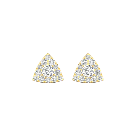 A pair of 14K yellow gold stud earrings with a triangular shape and a surface of pavé diamonds, shown from the front.