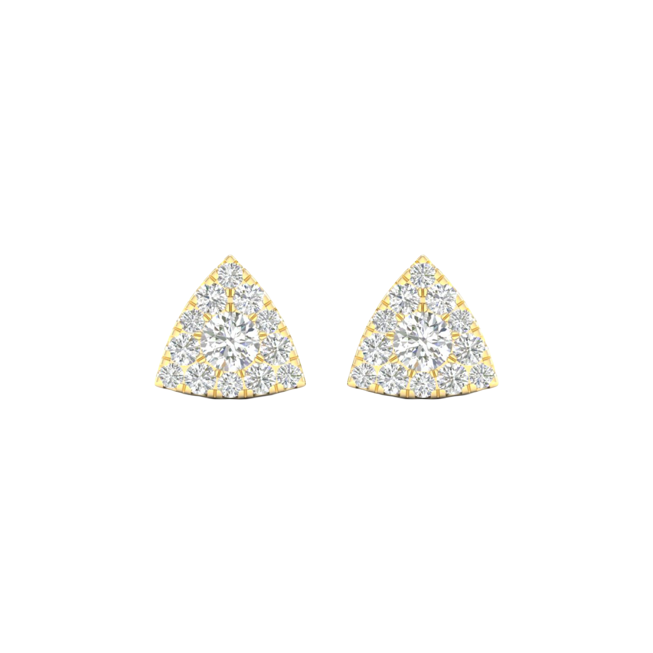A pair of 14K yellow gold stud earrings with a triangular shape and a surface of pavé diamonds, shown from the front.
