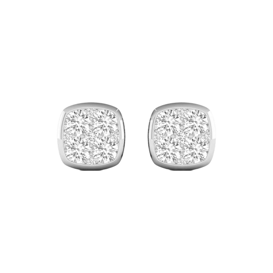 Front view of cushion-shaped cluster diamond stud earrings in white gold, featuring brilliant-cut diamonds arranged in a soft square design with cool gold framing.