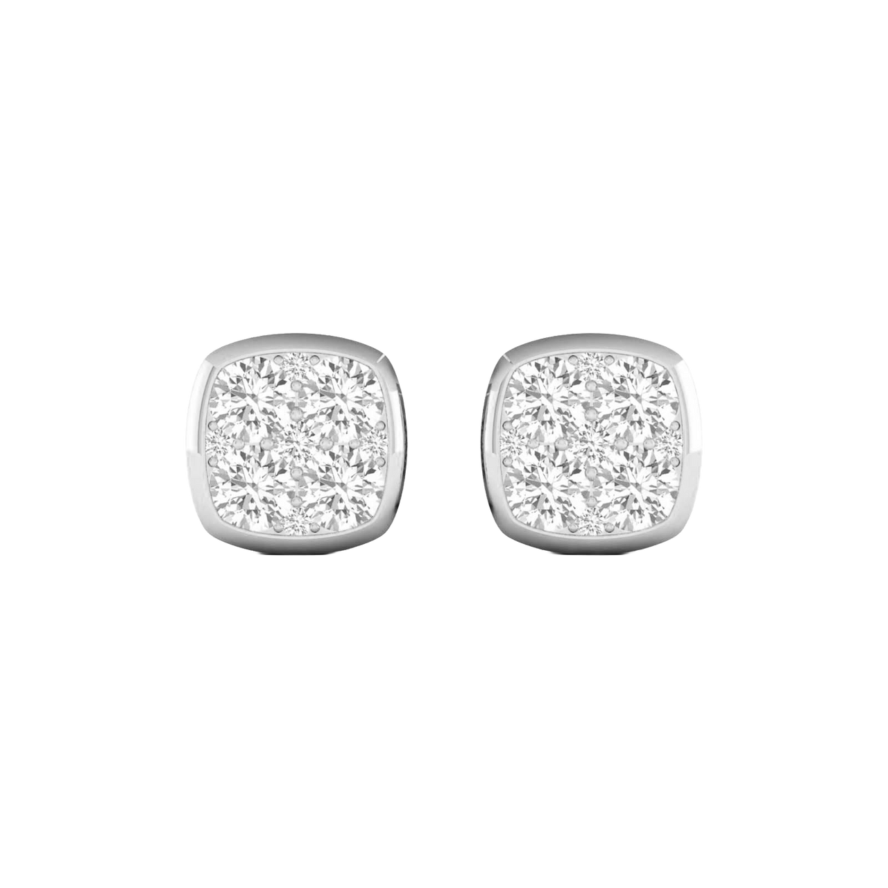 Front view of cushion-shaped cluster diamond stud earrings in white gold, featuring brilliant-cut diamonds arranged in a soft square design with cool gold framing.
