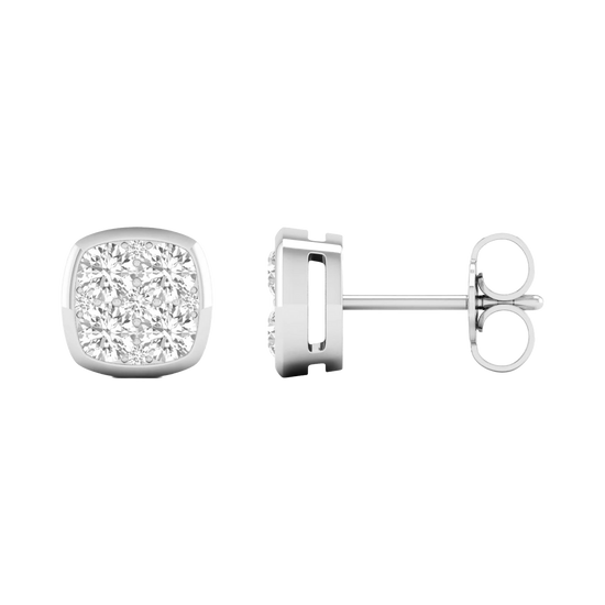 Side profile of white gold cushion-shaped cluster diamond stud earrings showing the smooth low-profile setting and refined gold construction.