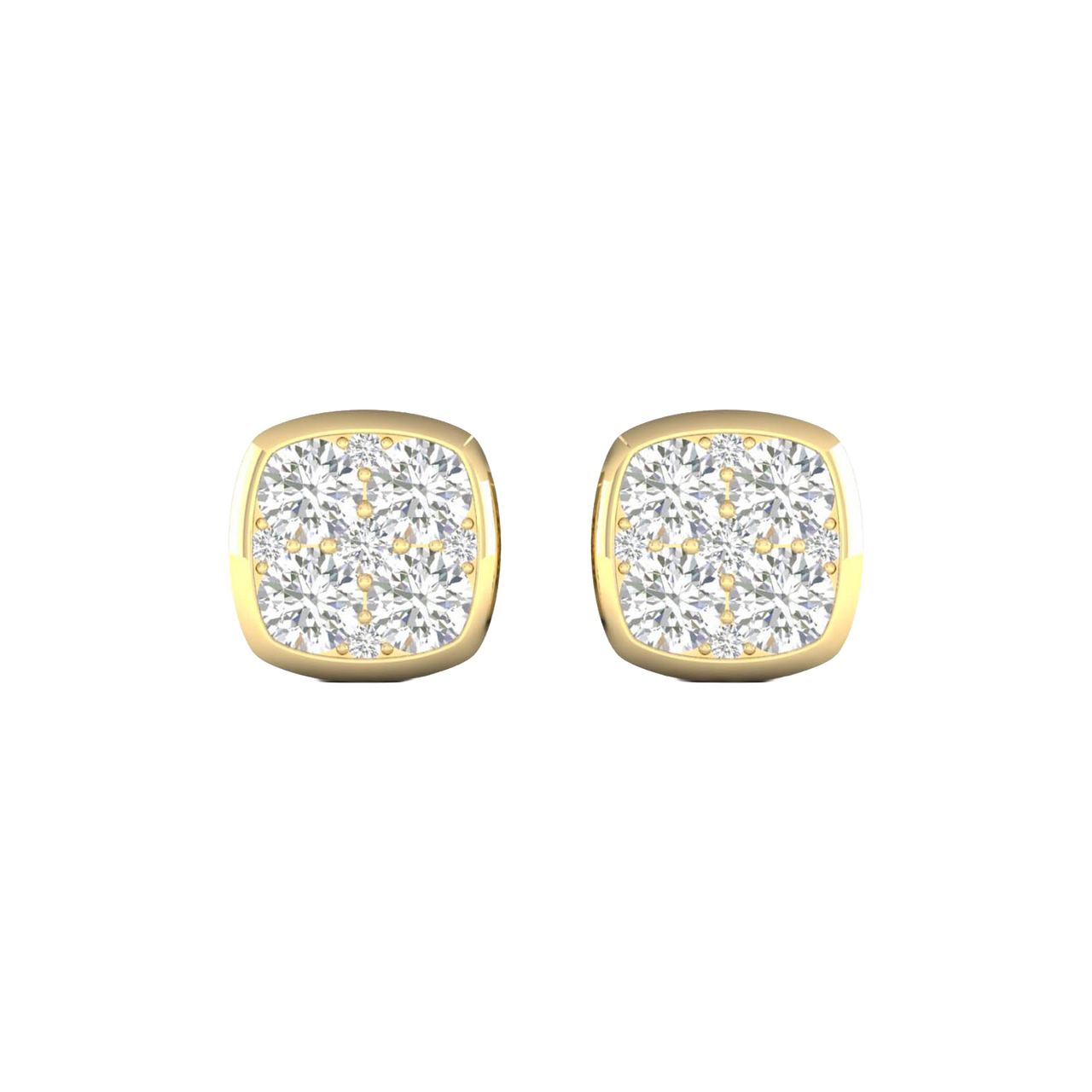 Front view of cushion-shaped cluster diamond stud earrings in yellow gold, featuring brilliant-cut diamonds arranged in a soft square design with warm gold framing.