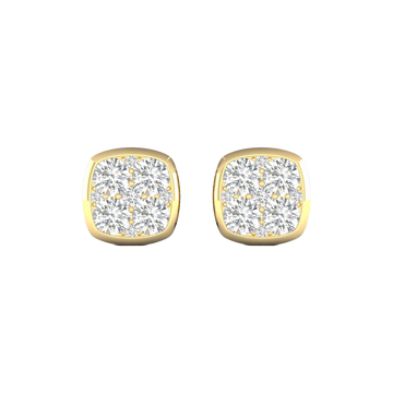 Front view of cushion-shaped cluster diamond stud earrings in yellow gold, featuring brilliant-cut diamonds arranged in a soft square design with warm gold framing.