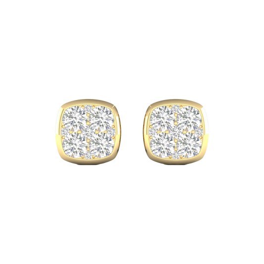 Front view of cushion-shaped cluster diamond stud earrings in yellow gold, featuring brilliant-cut diamonds arranged in a soft square design with warm gold framing.