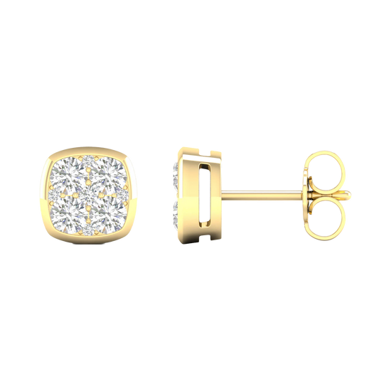 Side profile of yellow gold cushion-shaped cluster diamond stud earrings showing the smooth low-profile setting and refined gold construction.