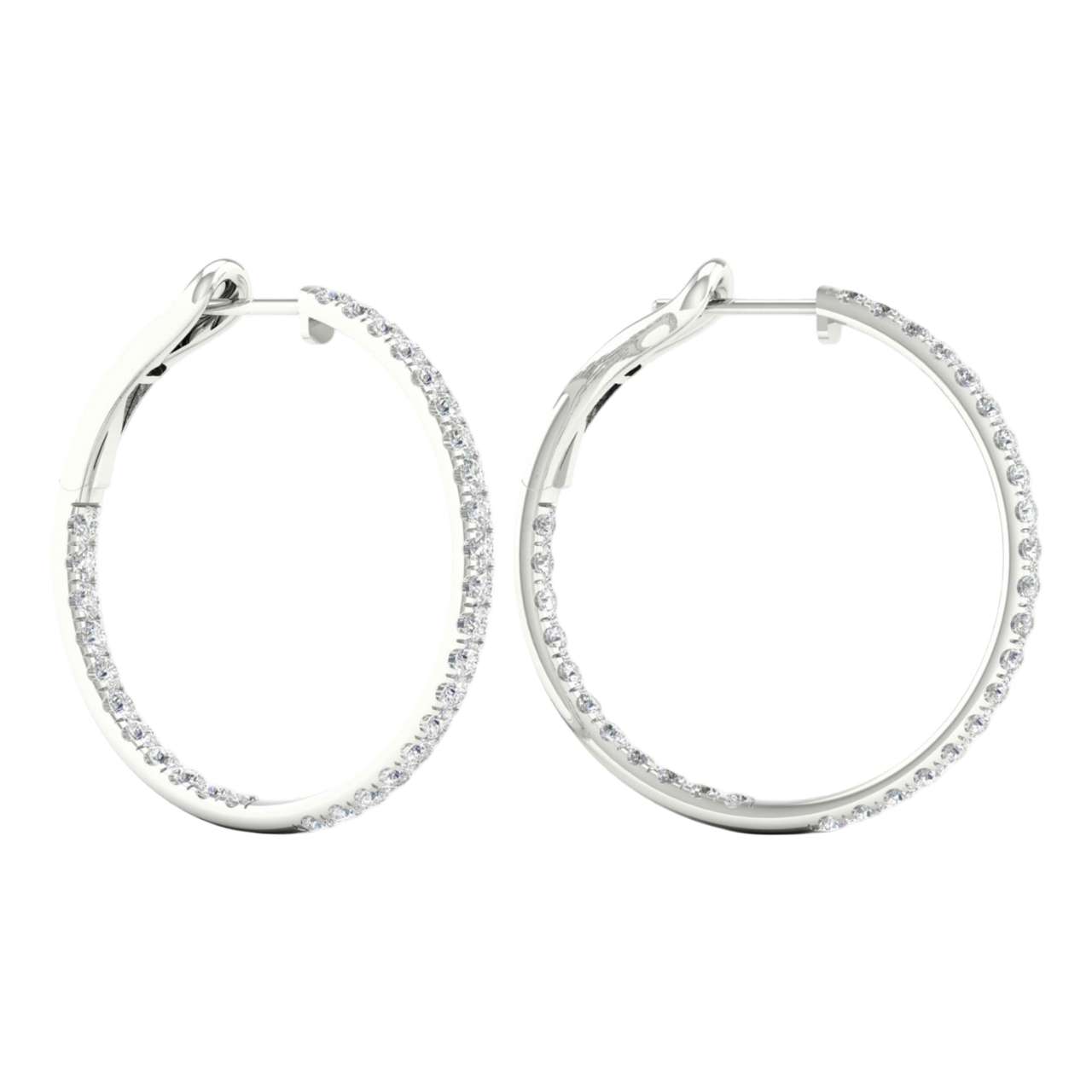 A pair of 14K white gold large hoop earrings, shown from a side angle, highlighting the line of diamonds and the hinged closure.