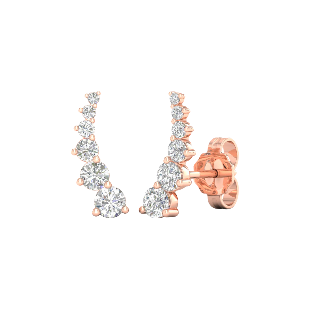 A side-angled view of an Amorati Diamonds 14K rose gold delicate diamond climber earring, showcasing the curved design and earring post.