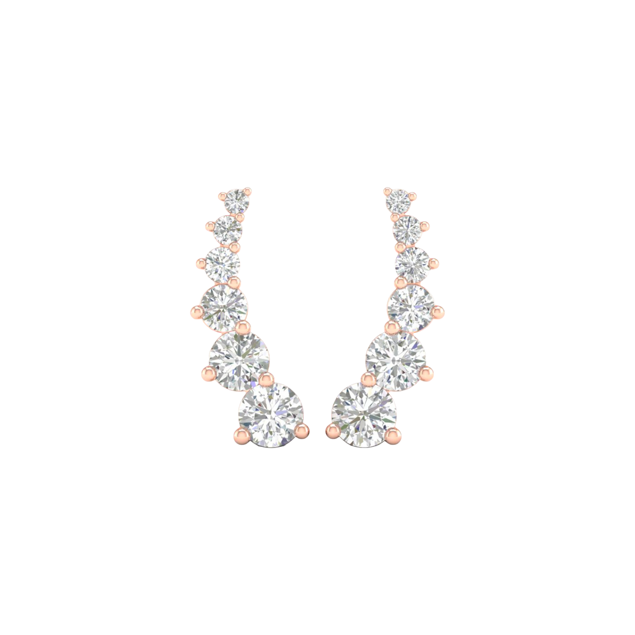 A pair of 14K rose gold ear climber stud earrings with a line of graduated pavé diamonds, shown from the front.