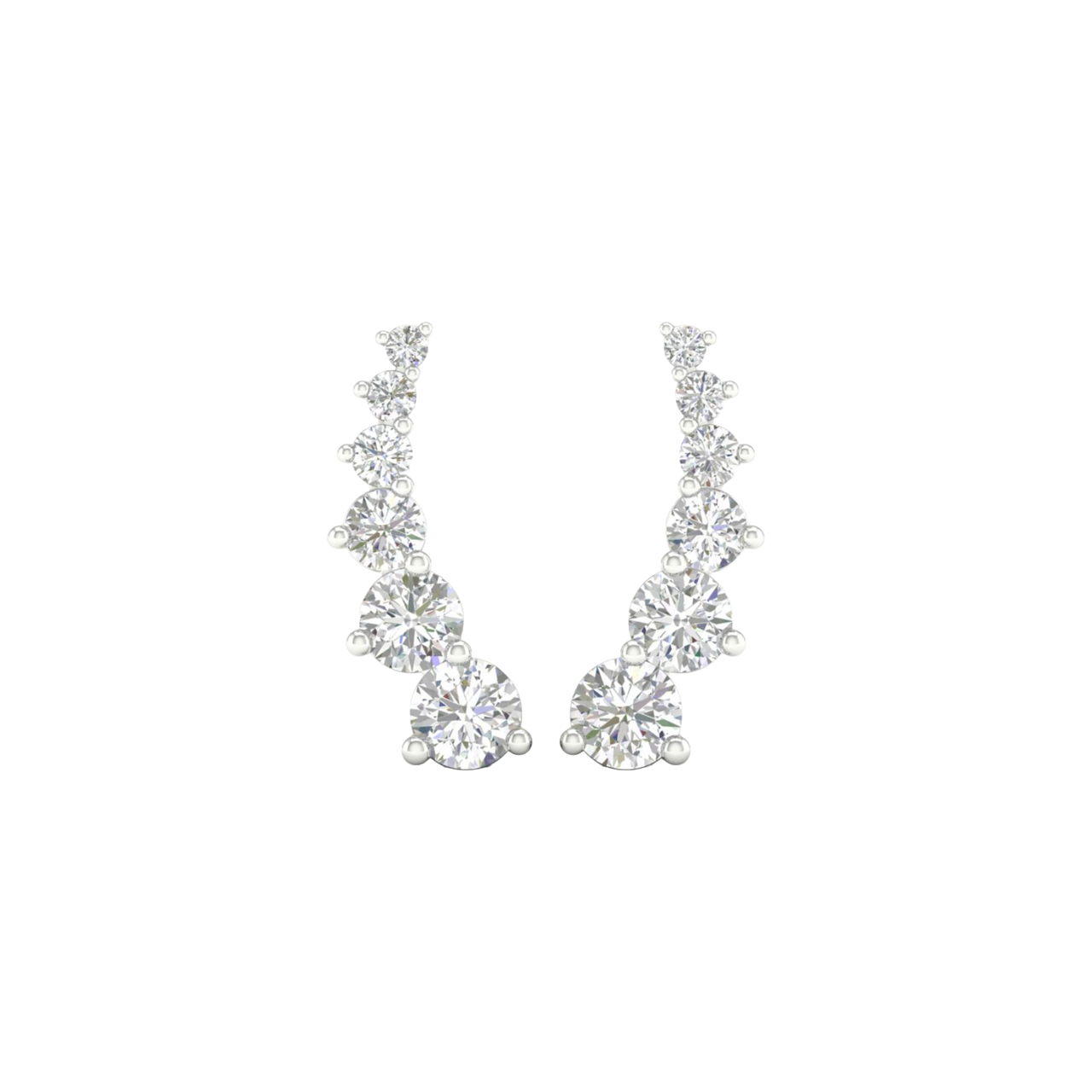 A pair of 14K white gold ear climber stud earrings with a line of graduated pavé diamonds, shown from the front.