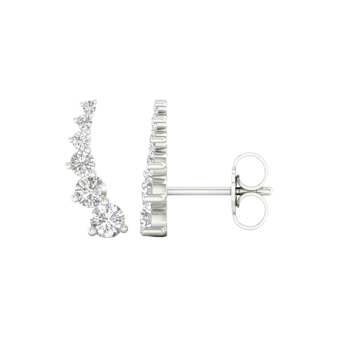 A front and side view of an Amorati Diamonds 14K white gold delicate diamond climber earring, highlighting its elegant curve and post.