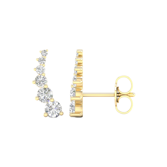 A front view of Amorati Diamonds 14K yellow gold delicate diamond climber earring highlighting its elegant curve and post.